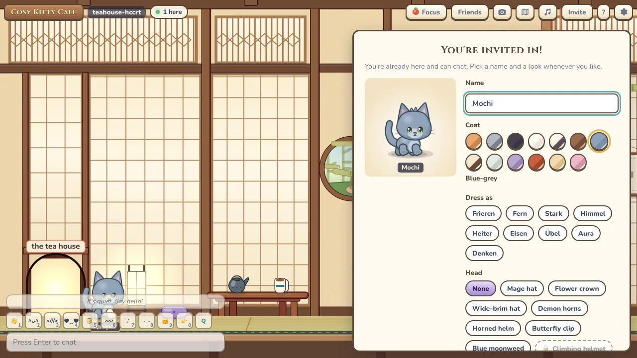The dress-up panel with a preview cat, coat swatches, Dress as outfits and head items