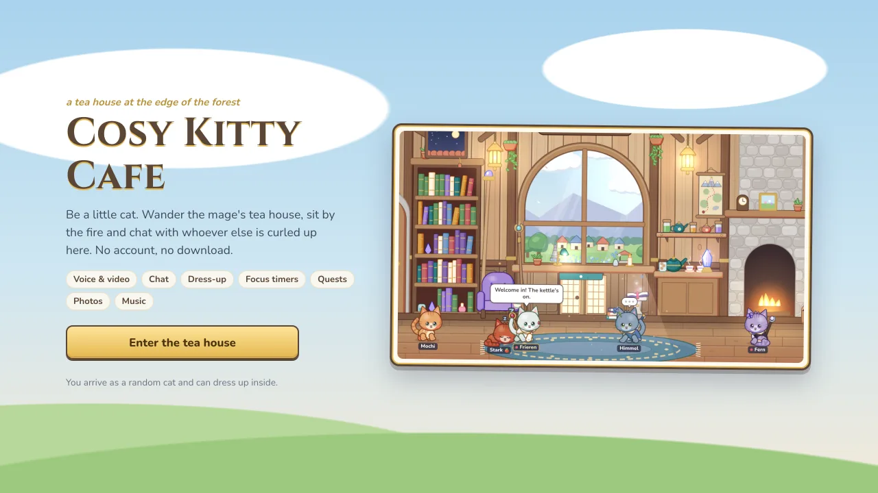 The homepage: a window into the tea house with cats chatting, the features in brief, and a button to enter the tea house