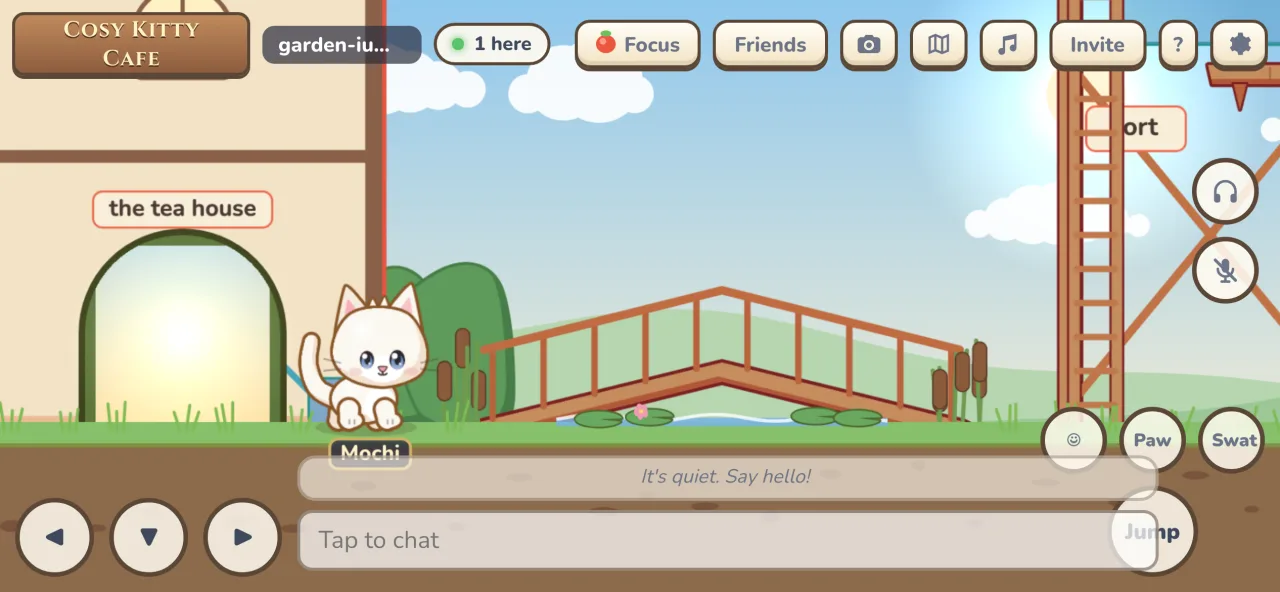 The game on a phone in landscape with touch buttons for moving, jumping, paw and swat