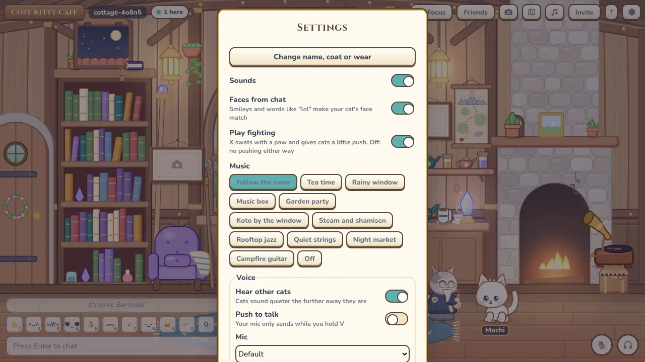 The settings panel with sounds, faces from chat, play fighting, music and voice