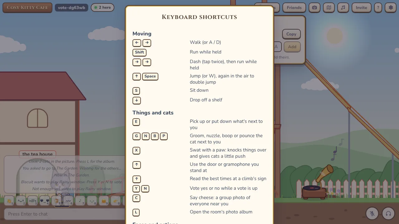 The keyboard shortcuts sheet listing movement, actions, chat and panels