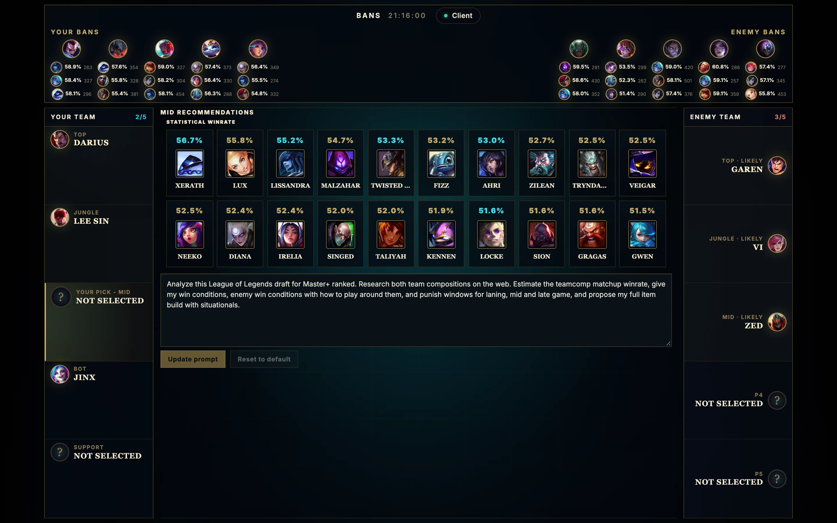 Champion select with mid lane recommendations ranked by win rate, between your team and the enemy team